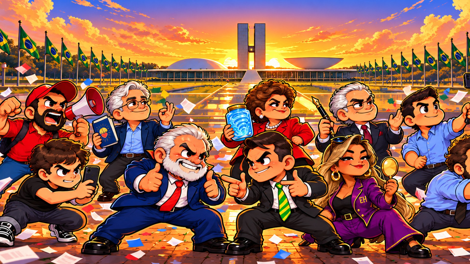 Os candidatos caricatos do Urna Royale reunidos em Brasília.